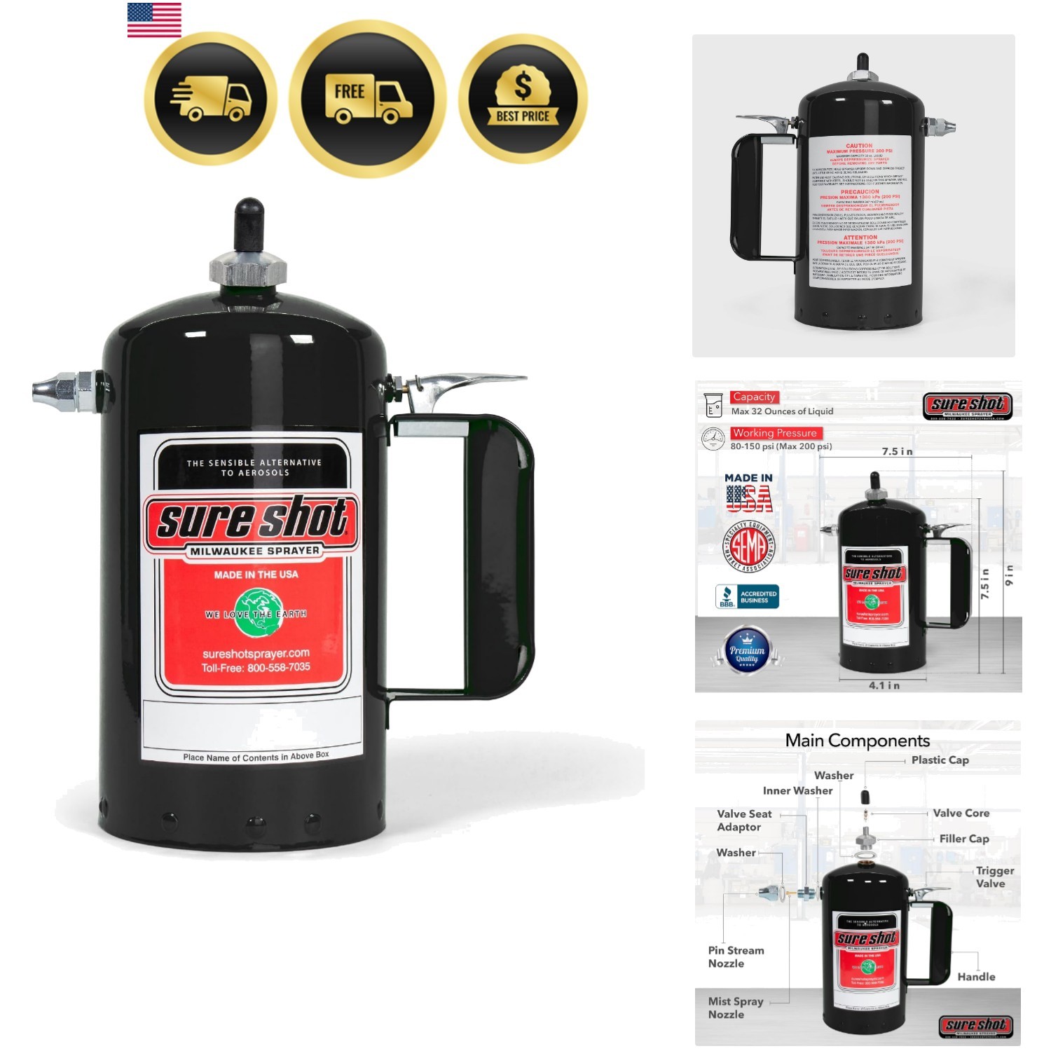 A1000B 32 oz Refillable Pressurized Steel Sprayer Can, Black