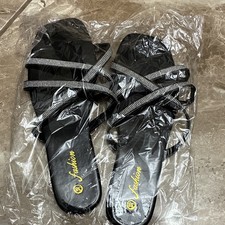 Black/Silver Rhinestone Strappy Slide Sandals Slip-On Flat Synthetic Women  s 8
