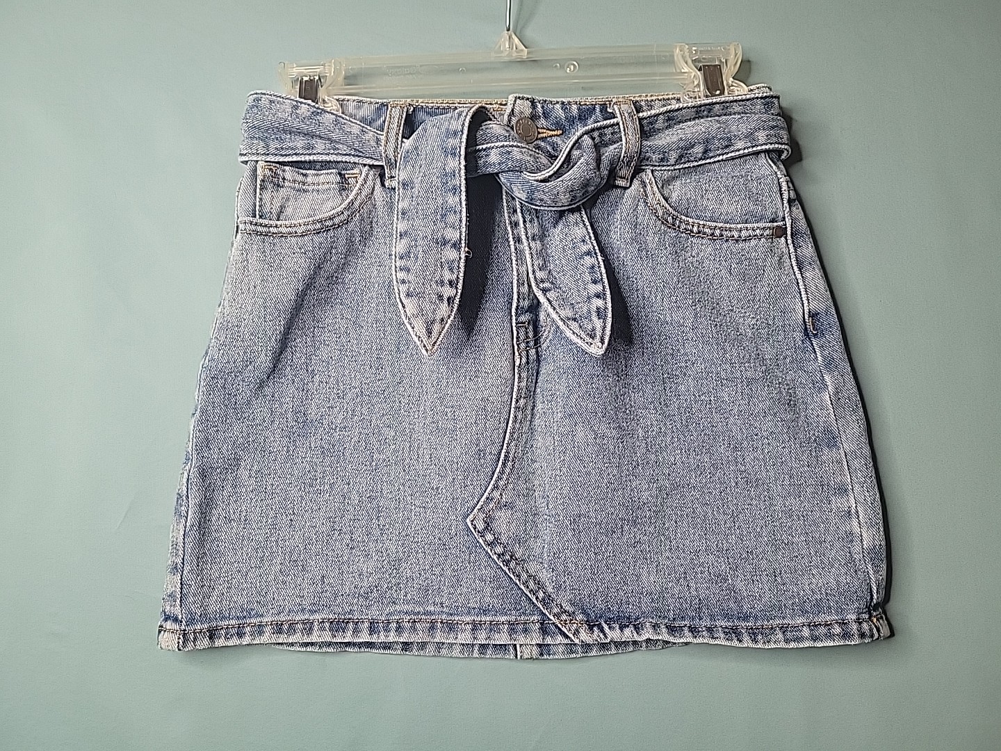 PacSun Denim Mini Skirt Womens 24 Light Wash Button Front Tie Waist Casual