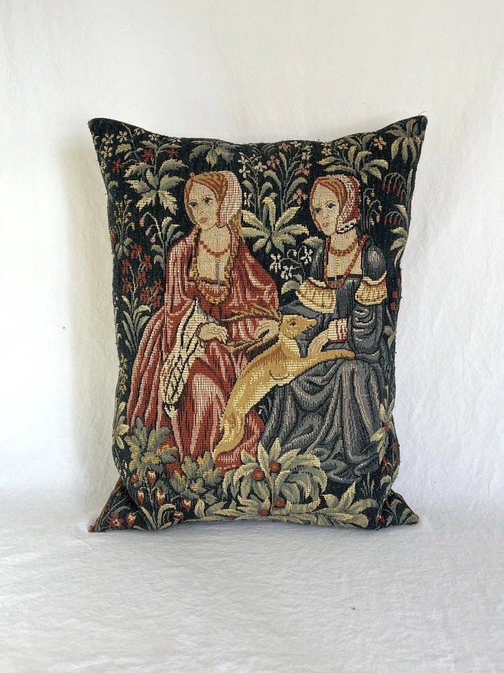 Vintage French Tapestry Pillow Featuring Medieval Women and Deer - Image 2 of 4