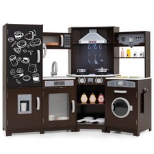 Corner Kids Play Kitchen Wooden Pretend Toy Kitchen w/ Realistic Lights Brown