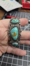 Vintage Navajo Turquoise Cuff Bracelet Sterling Silver 3 Stone Southwestern