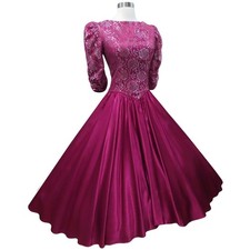 Vintage 80s Pink Metallic Lace Puff Sleeve Full Skirt Prom Gown Party Dress L Lg