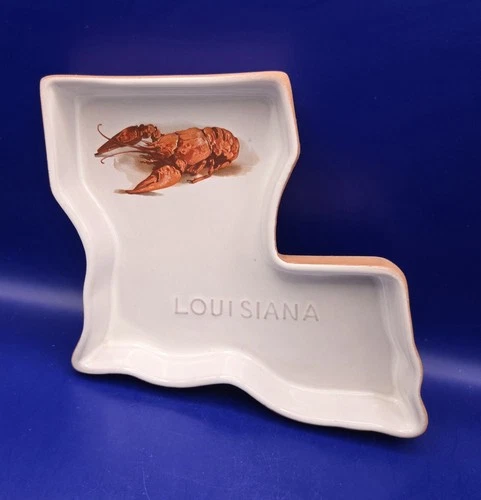 Vtg Frankoma Pottery Louisiana State Shape Baking Dish or Cake Pan w/Crayfish 🦞