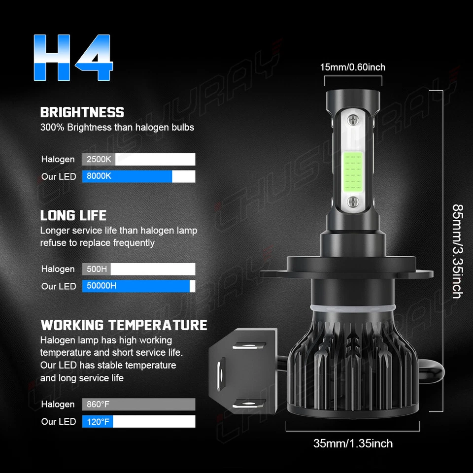 H4 9003 HB2 LED Headlight Bulbs Kit COB for 93-97 Honda Civic del Sol High&Low - Изображение 2 из 4