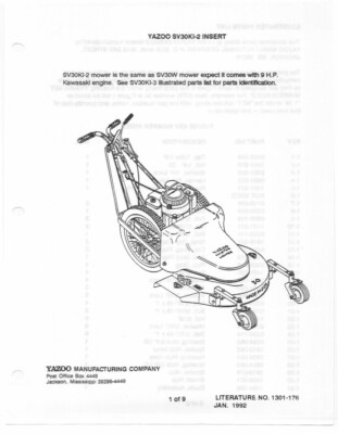 Service Parts Manual Fits Yazoo 30in Big Wheel Lawn Mower SV30W | eBay
