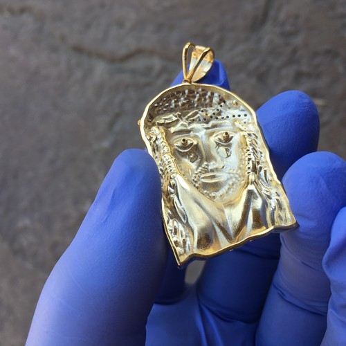 14K Gold Plated over 925 Sterling Silver Jesus Head Pendant CZ Two Tone 1.75" - Picture 6 of 10