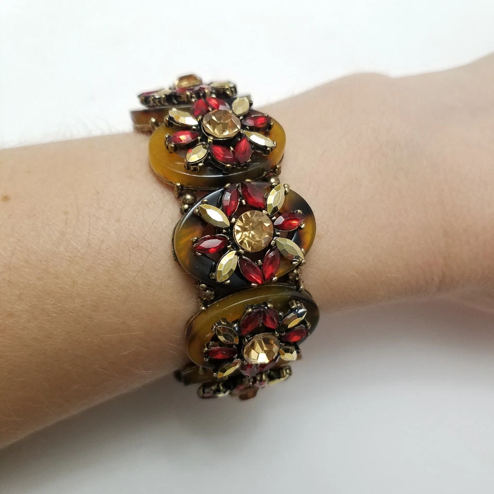 Brazalete elástico imitación caparazón de tortuga rojo estrás tono dorado Art Deco  Foto 2 de 4