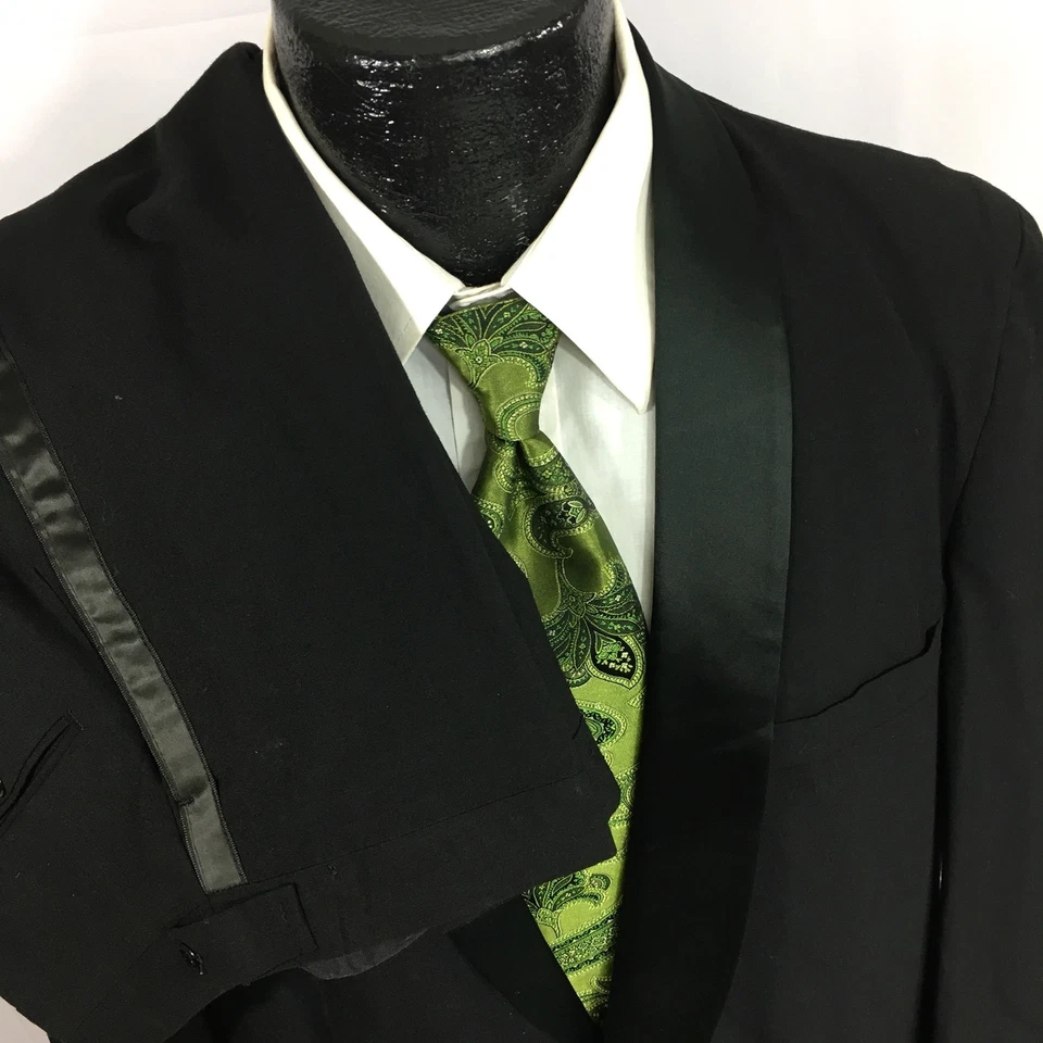 Vtg 50's Black ROCKABILLY Tux SILK Shawl Collar Wool Tuxedo SMOKING PROM Suit 42 - Image 2 of 4