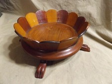 Vintage Antique Primitive Marquetry Wood Footed Bowl Lion Paw Feet ~8.5x3.75"