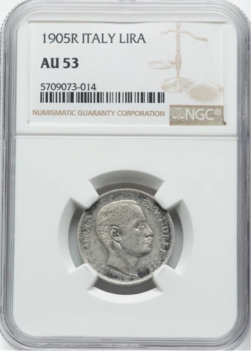 ITALY KINGDOM 1905-R 1 LIRA SILVER COIN, "RARE," NGC CERTIFIED AU53, KEY DATE