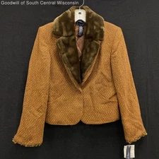 NWT Wmns JONES WEAR Brown & Orange Tweed Removable Faux Fur Blazer Jacket Sz 10P