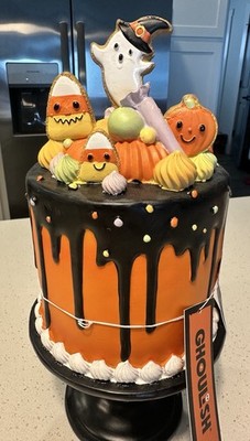 GHOULISH 12'' Orange Halloween Faux Cake W/ Ghosts Pumpkins Tabletop Brand New