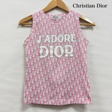 Christian Dior JADORE Logo Print Rhinestone Tank Top Pink White Cotton Womens