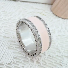 925Silver Edge CZ Row Center Pink Enamel Band Eternal Band Ring US 5/6/7/7.5/8.5