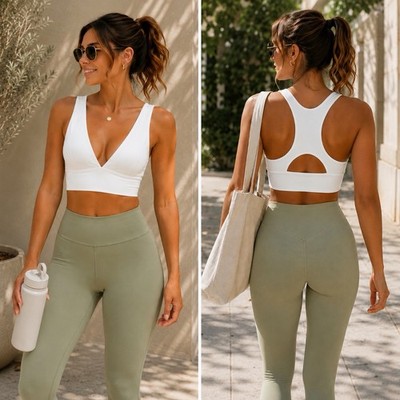 White Longline Sports Bra Size S Plunge V Neck Racerback Cutout Yoga Activewear