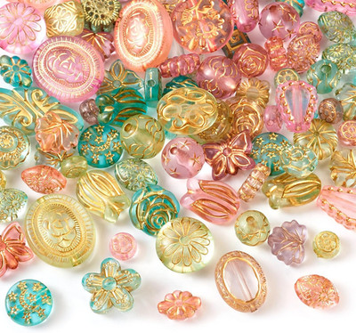 48Pcs Assorted Bohemia Acrylic Beads for Jewelry Making, Metal Enlaced Transpare