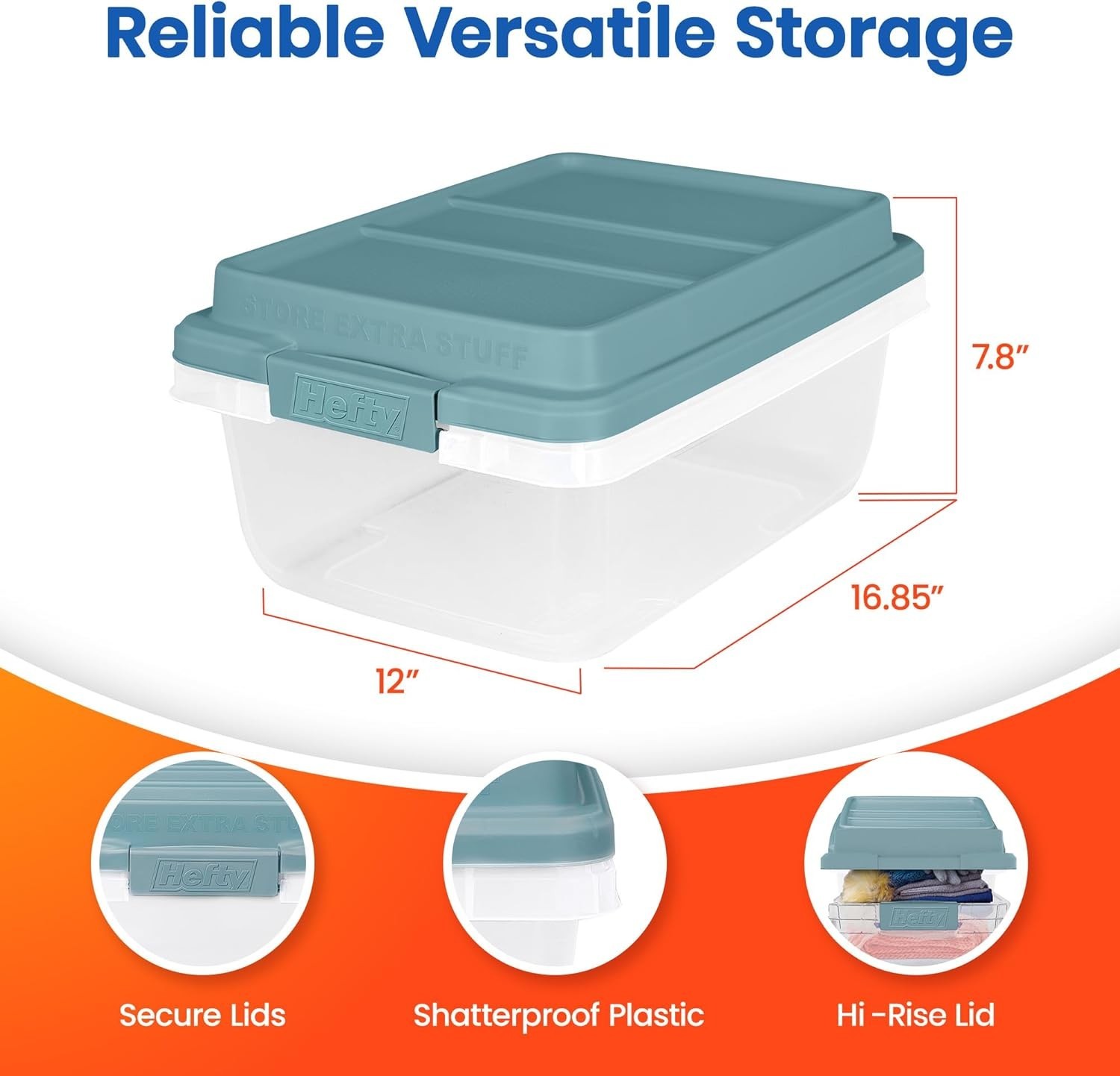 High Rise Pack Storage 18 Quart Hi-Rise Storage Bin with Lid, Stackable Plastic Container for ...