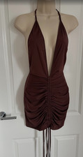 SHEIN Brown Halter Neck Mini Dress Ruched Plunging Backless Club Party UK 8