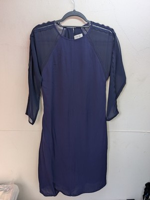REISS Navy Blue Dress Size UK 8 Sheer Chiffon Sleeve Lace Trim Occasion Party