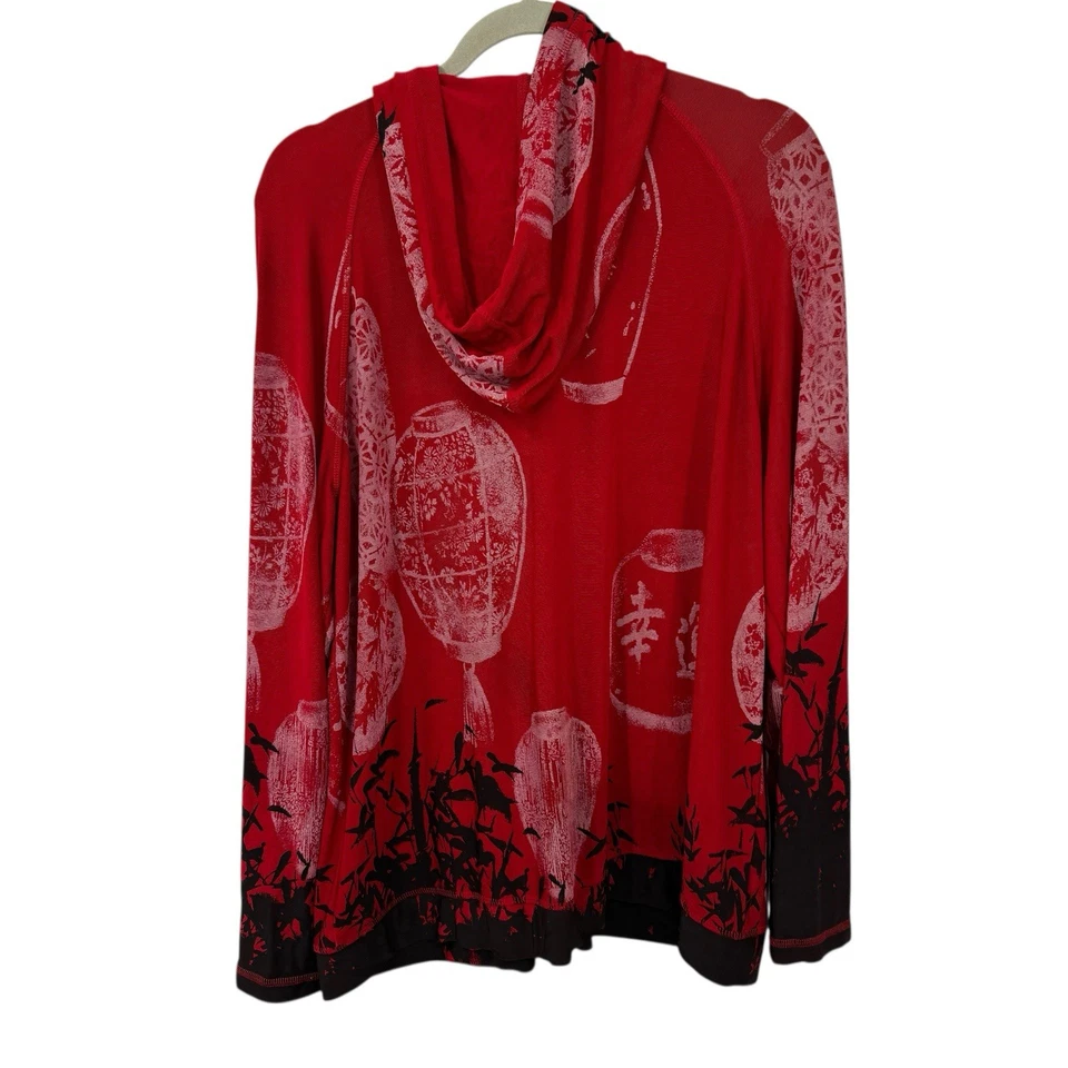 Chicos 3 Asian Print Hooded Jacket XL Red Black Slinky knit Art to Wear 90s Vtg - Image 3 of 4
