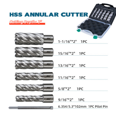 US Stock 2'' Depth HSS Annular Cutter Set 7pcs 3/4'' Weldon Shank 9/16 to 1-1/16 