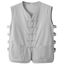 Men Cotton Linen Vest Waistcoat Sleeveless Tank Top Chinese Taichi Kungfu Retro