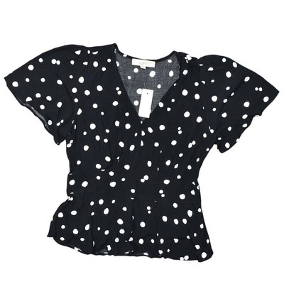 NEW Loft Black Polka Dot V Neck Blouse Size 2 Rayon Women's Top