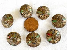 Set of Painted Embossed Brass Buttons with Radiant Design - Circa 1900