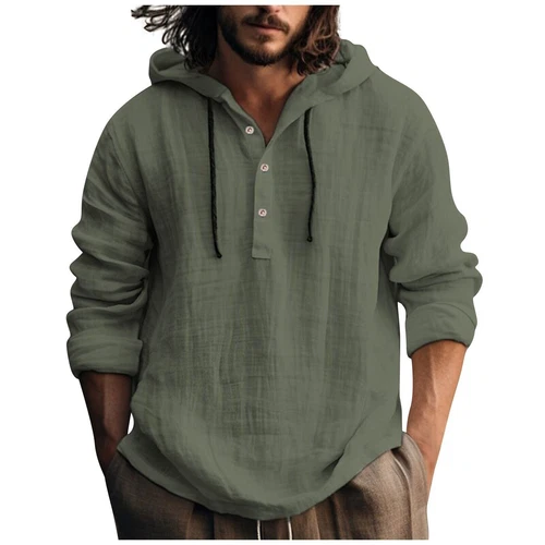 Men's Cotton Linen Hoodies Drawstring Button Hooded Swaeatshirts T Shirts Tops - Bild 15 von 41