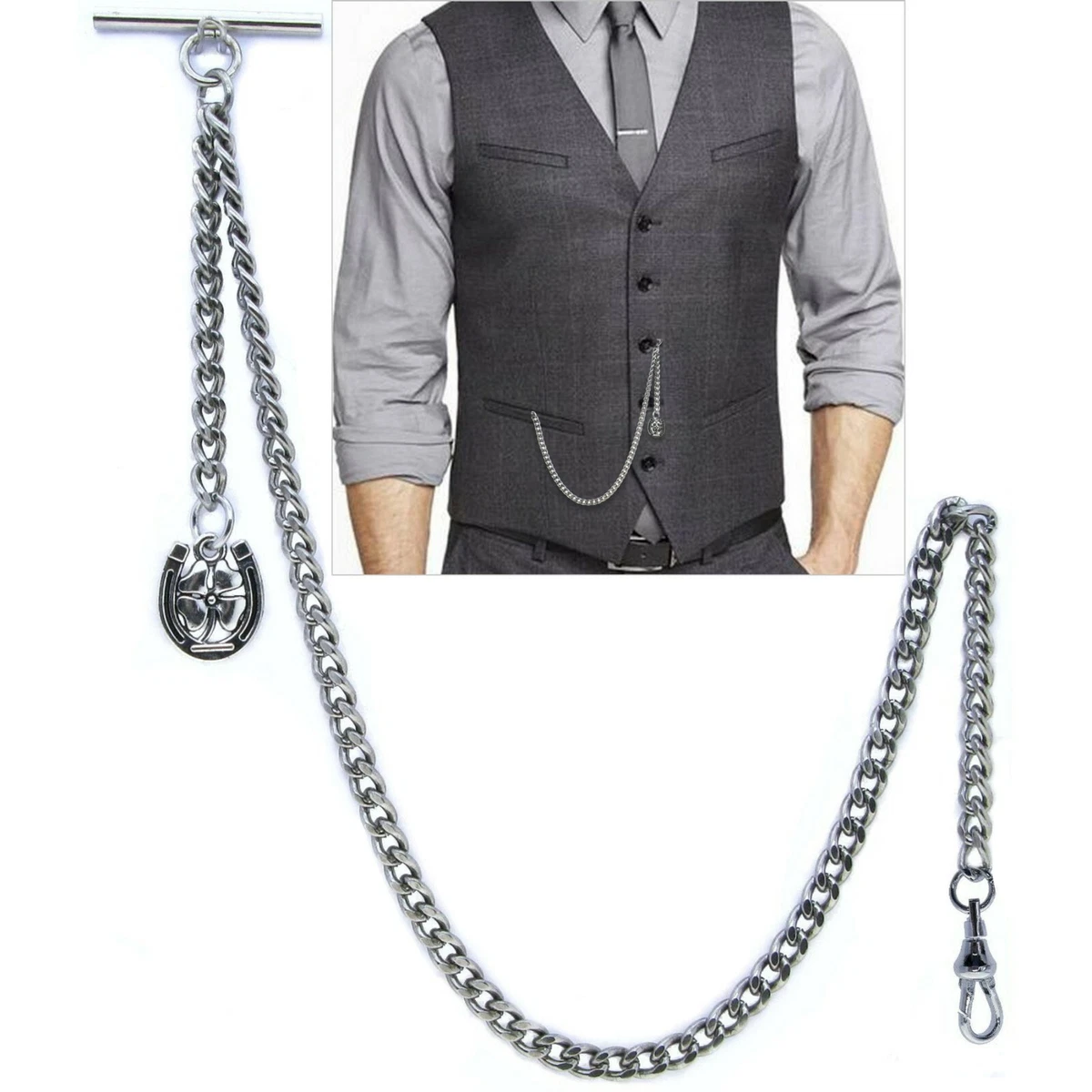 Albert Pocket Watch Chain Silver Color Four Leaf Clover Fob T Bar