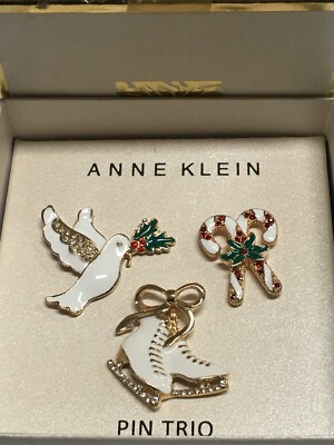 Anne Klein Snowshoes White Bird Christmas Gold Plated Pins