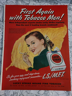 Large Vintage 1948 Ad Advertising Lucky Strike Cigarettes Colorful Red Girl