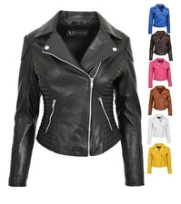 Womens Soft Leather Biker Jacket Fitted Designer Quilted Assorted Colours Bella
