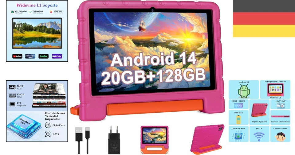 ZIOVO 2024 Kinder Tablet 10 Zoll – 20GB RAM, HDMI, WiFi 6 – Kindersicher, Pink - Bild 2 von 4