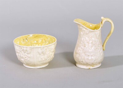 Set of 2 BELLEEK Mask Creamer & Open Sugar Bowl Yellow Lustre Delicate Grapes