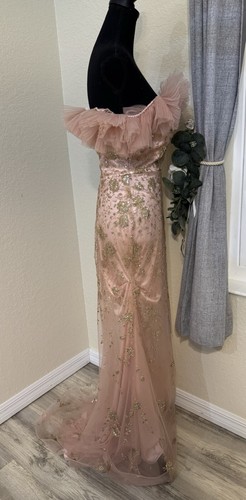 CINDERELLA DIVINE Pink Rose Gold Glitter Fit & Flare Prom Gown Tulle Shoulders 8 - Picture 7 of 16