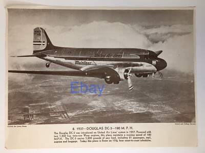 United Air Lines 1937 Douglas DC-3  180 M.P.H. Photo Print Airplane Vintage
