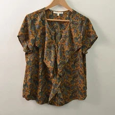 Daniel Rainn Button-Up Blouse Womens Large Polyester Short Sleeve Paisley