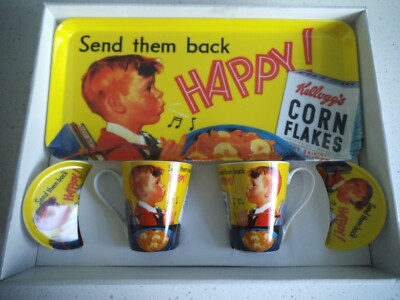Kellogg's Zwei Tassen, Untertassen und Tablettset in original Vitrinebox, unbenutzt