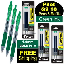 Pilot G2 10 Green 31647 1.0mm Bold Point, Green Gel Ink Rollerball Pens & Refill