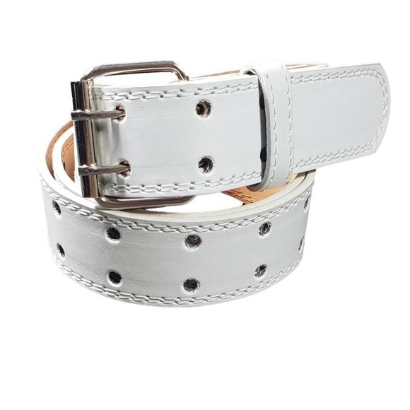 Genuine Leather Men's Two Row Double Row Prong Holes Casual White