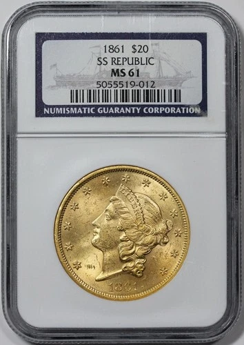 1861 $20 Gold Liberty Double Eagle, NGC MS61, S.S. Republic shipwreck