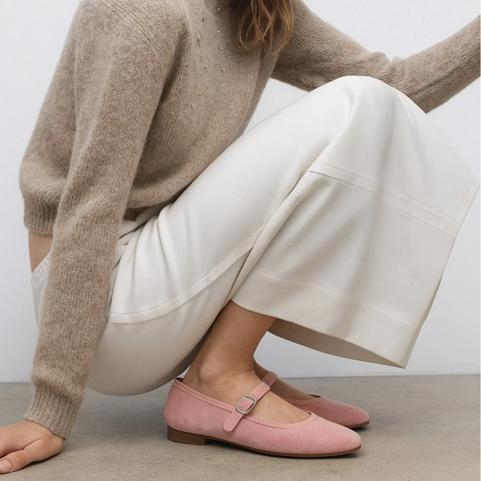 Zapatos Zara Para Mujer Talla 37 Rubor Rosa Terciopelo Mary Jane Planos Puntera Cuadrada Ballet Foto 2 de 4