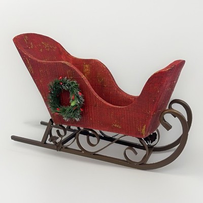 By Valerie - Santas Sleigh - Wood - Distressed Red Paint W/ Wreaths - New Open