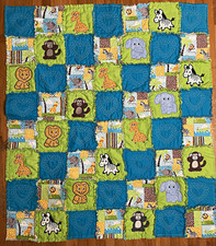 Crib Blanket Quilt Safari Animal Patchwork, Fits Crib, Blue Green Multicolor