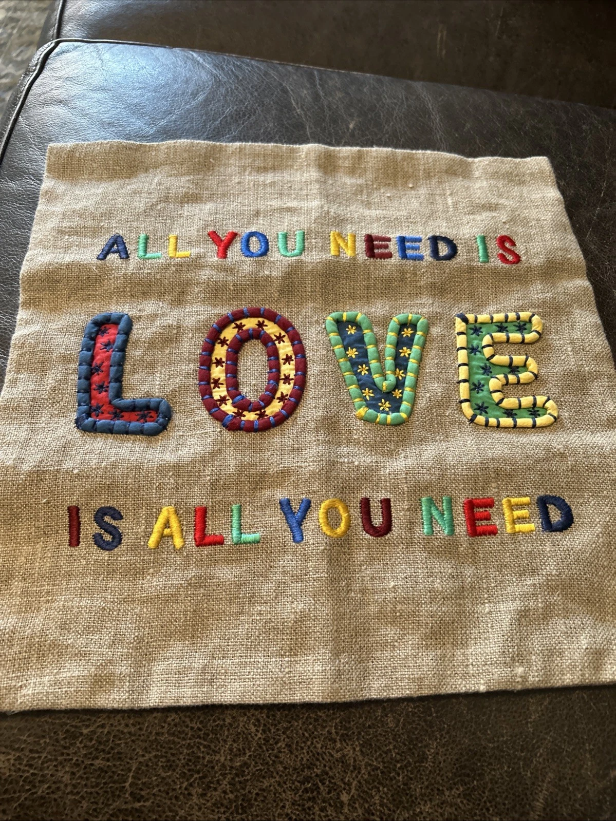 VLiving linen throw pillow cover with multicolour embroidery and applique.