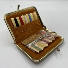 Vintage Miniature Sewing Kit Travel/Purse Gold Tone Quilted Metal Snap NOS