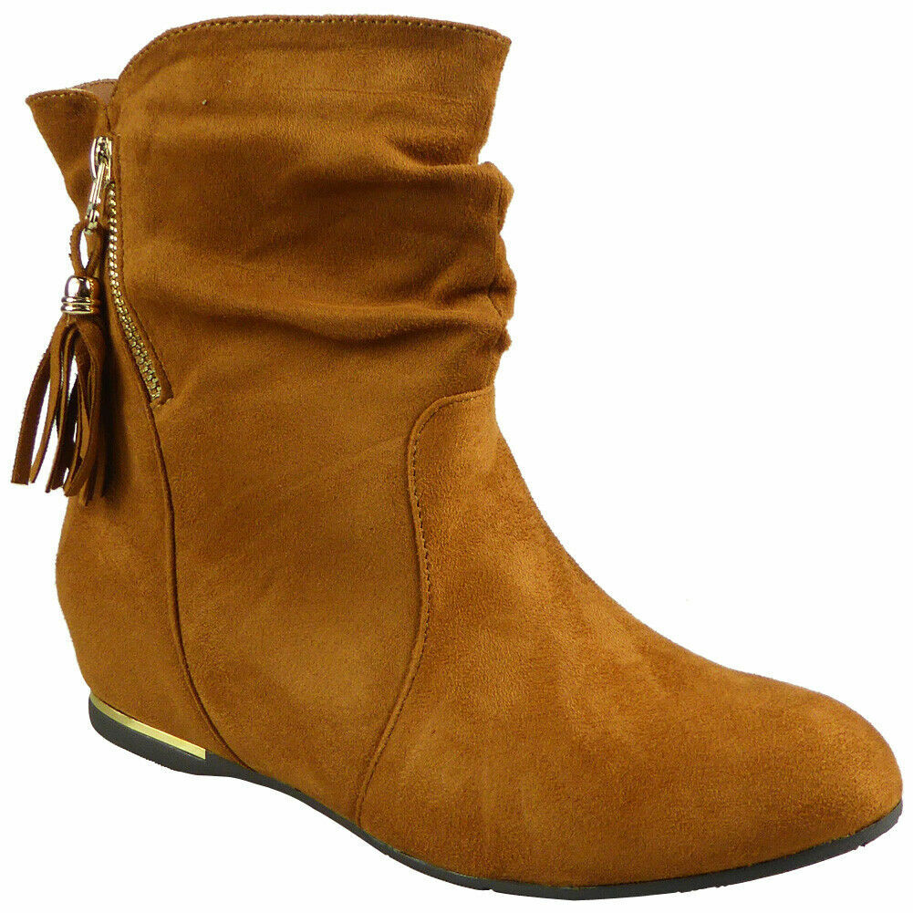 Womens Ladies Mid Calf Pixie Boots Pull Ons Tassle Hidden Wedge Casual New Shoes eBay
