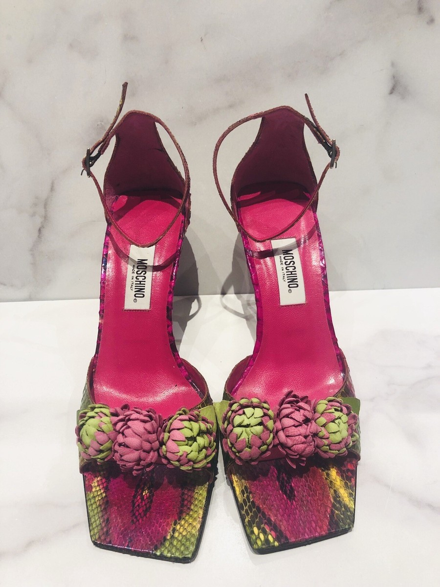 MOSCHINO Pink Green Snakeskin Square Toe Sandals Heels | eBay